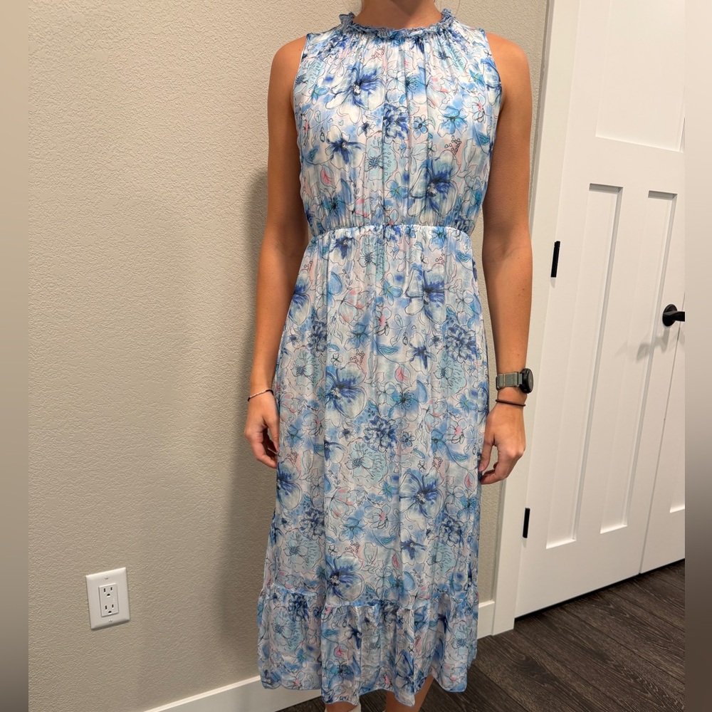 Sleeveless Blue Floral Maxi Dress with Smocked Neck and Elastic Waist
